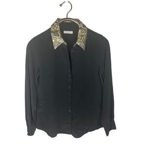 Equipment Femme Black 100% Silk‎ Brocade Gold Collared Neckline Blouse Size M